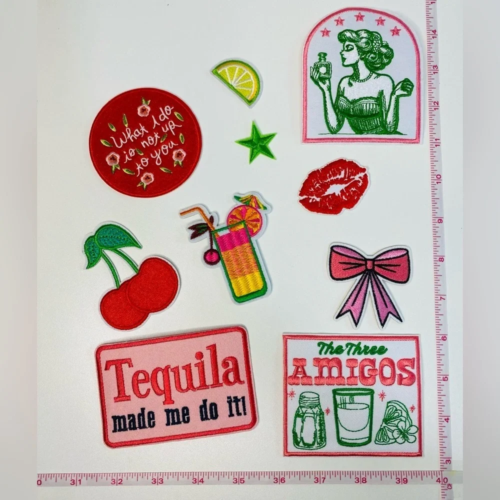 Lot of 10 funny embroidered iron on patches, tequila lover, cherry, lips, DIY